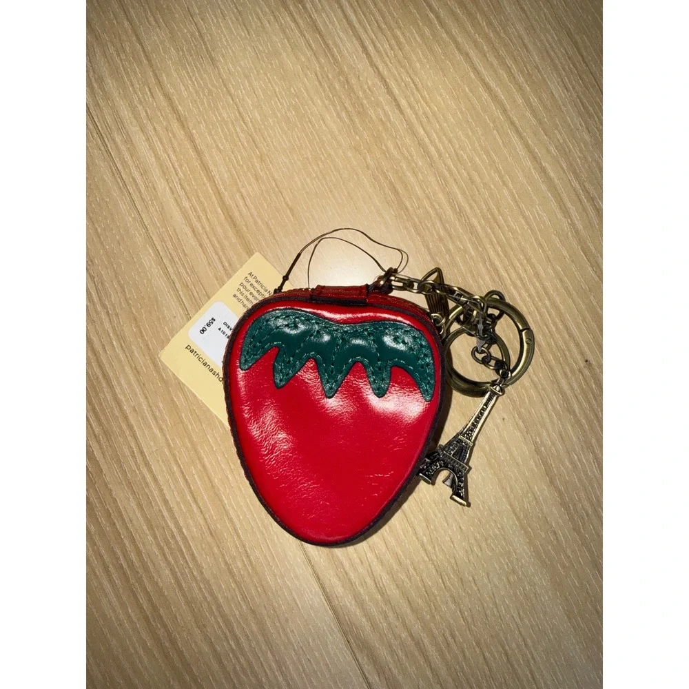 Patricia Nash Strawberry Red Leather Coin Purse Keychain Eiffel Tower Charm NWT